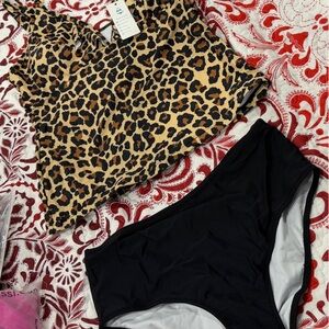 Leopard Print and Black Bikini Set
